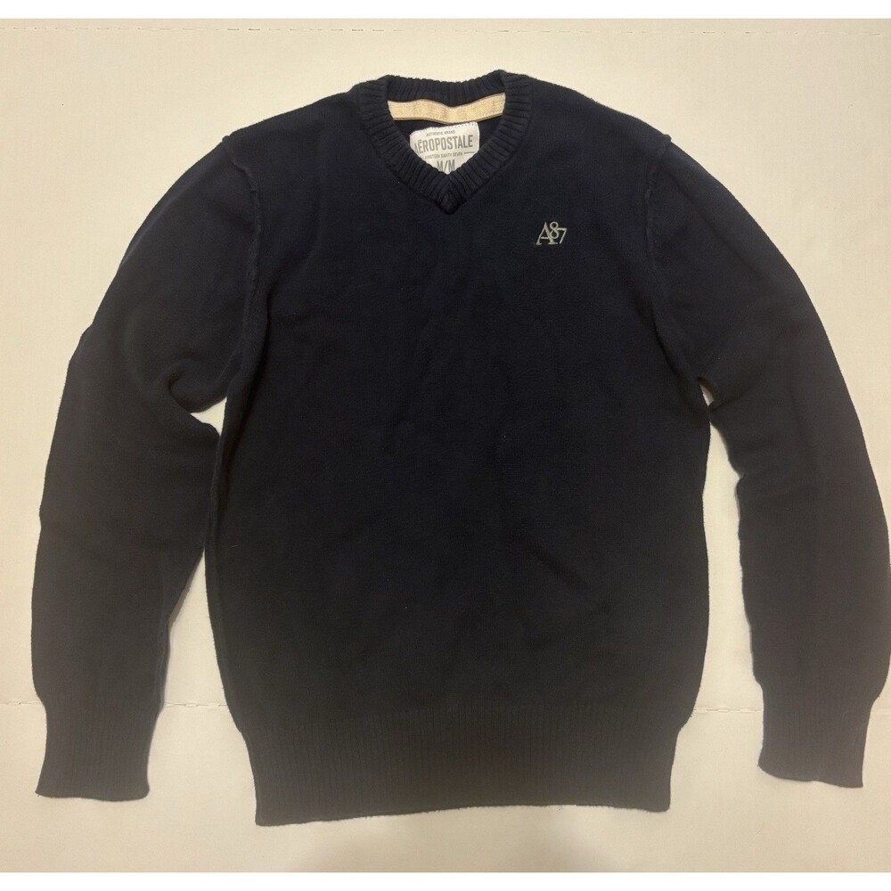 Aeropostale Men's V-Neck Knit Cotton Pullover Sweater Navy Logo Size M